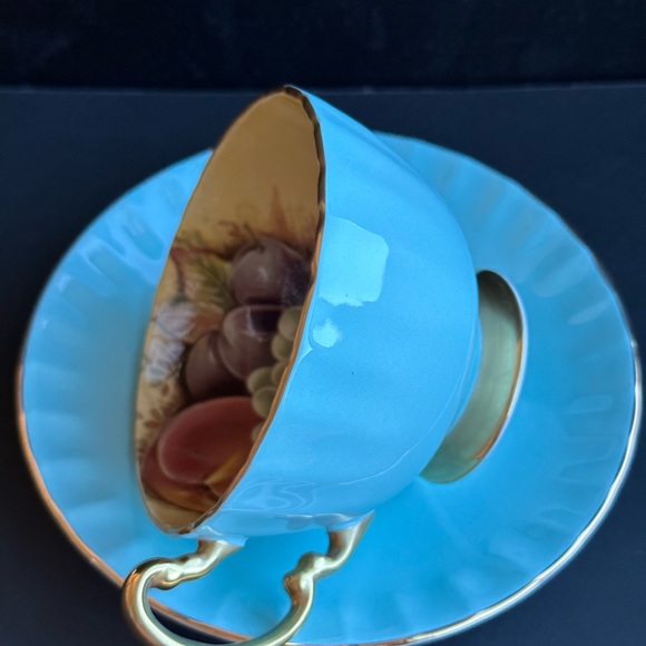 Aynsley England Turquoise Orchard Fruit Gold Trim Tea Cup and Saucer Set EUC - Picture 8 of 11